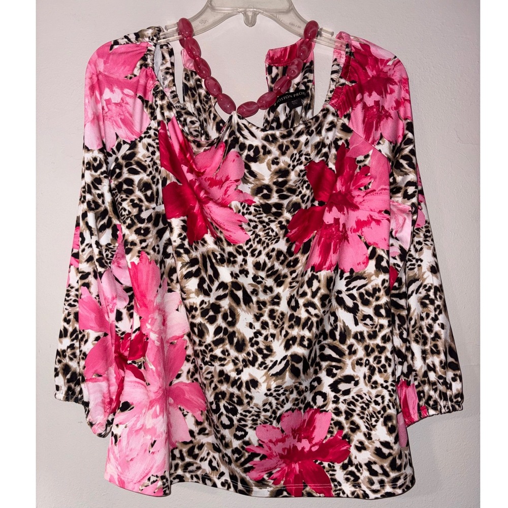 Boston Proper Womens Leopard Floral Cold Shoulder Beaded Neck Blouse Pink Large